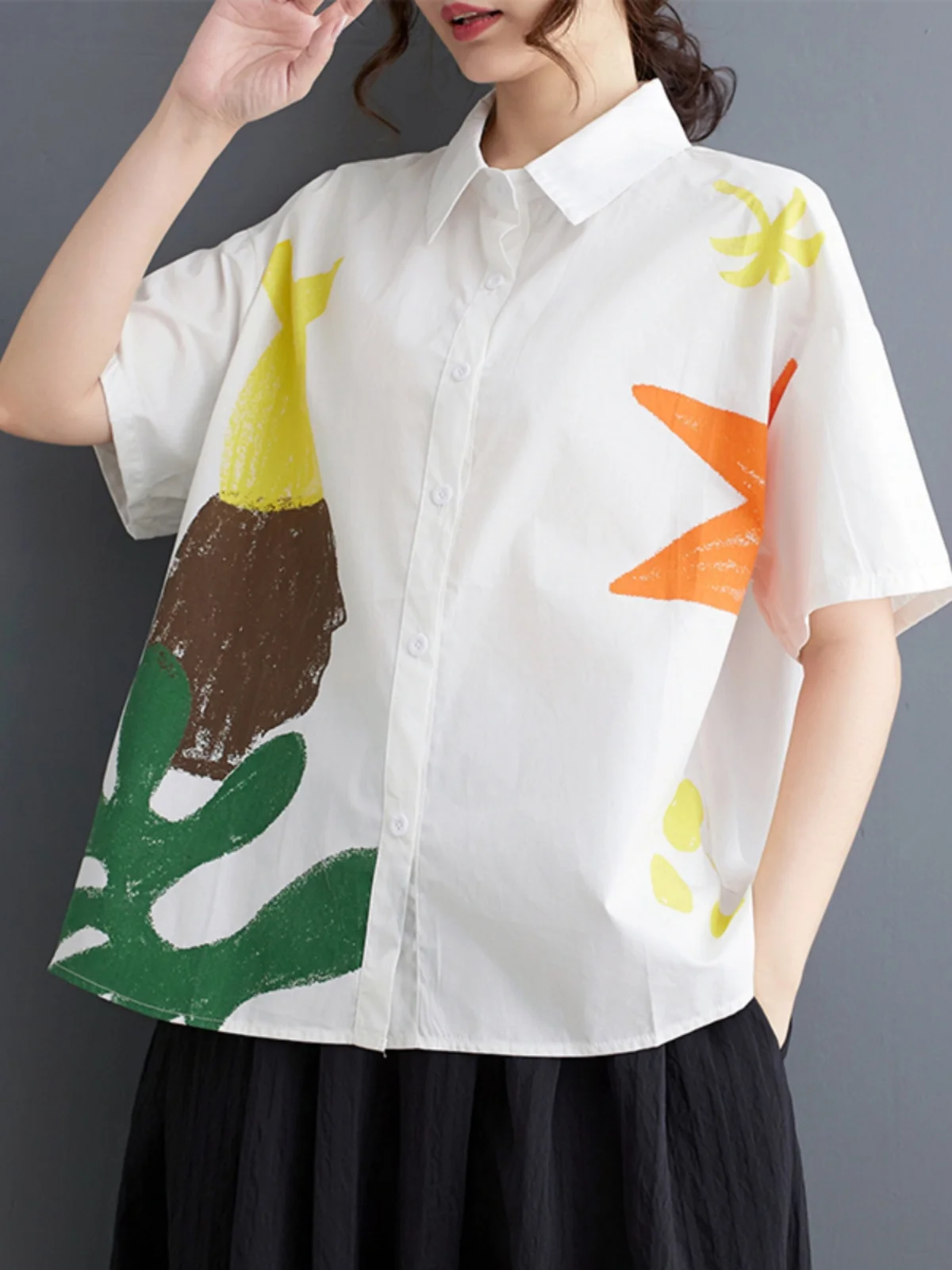 Loose ort Sve Women's Casual irt Summer Commute Sweet Sle Korean Version plus Size Patchwork Print  Collar