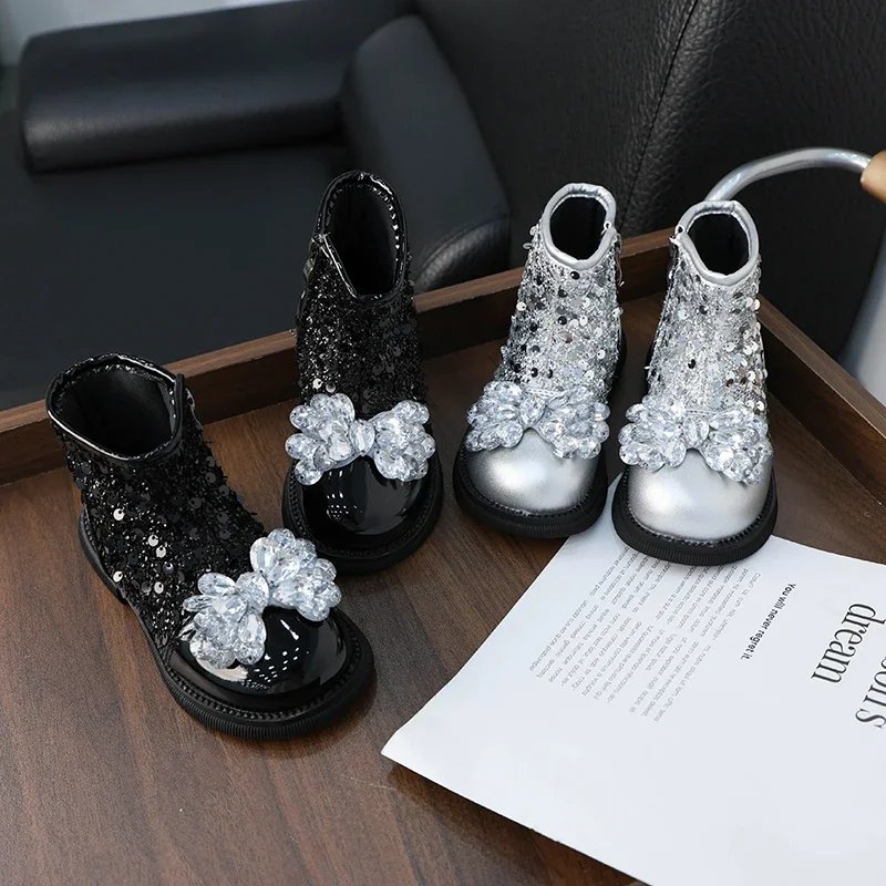 Luxury Girl\'s Ankle Boot Sequins Elegant Children\'s Causal Boots Fashion Spring Autumn Kids Short Princess Boots New Versatile