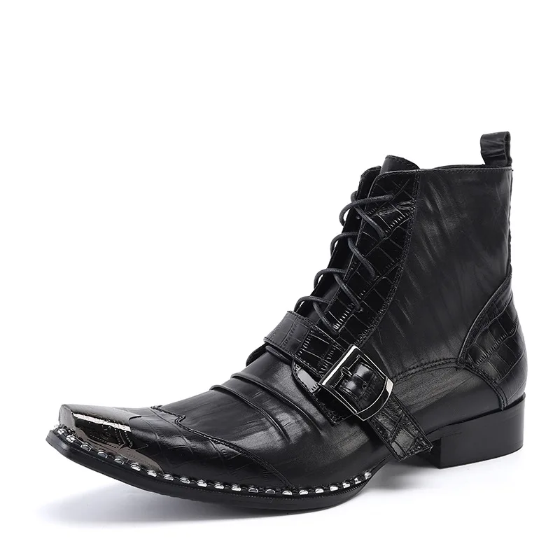 Men\'s Ankle Boots Buckle Strap Decoration Metal Pointed Toe Business Genuine Leather Zipper Cowboy Motorcycle Boots