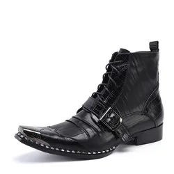 Men's Ankle Boots Buckle Strap Decoration Metal Pointed Toe Business Genuine Leather Zipper Cowboy Motorcycle Boots