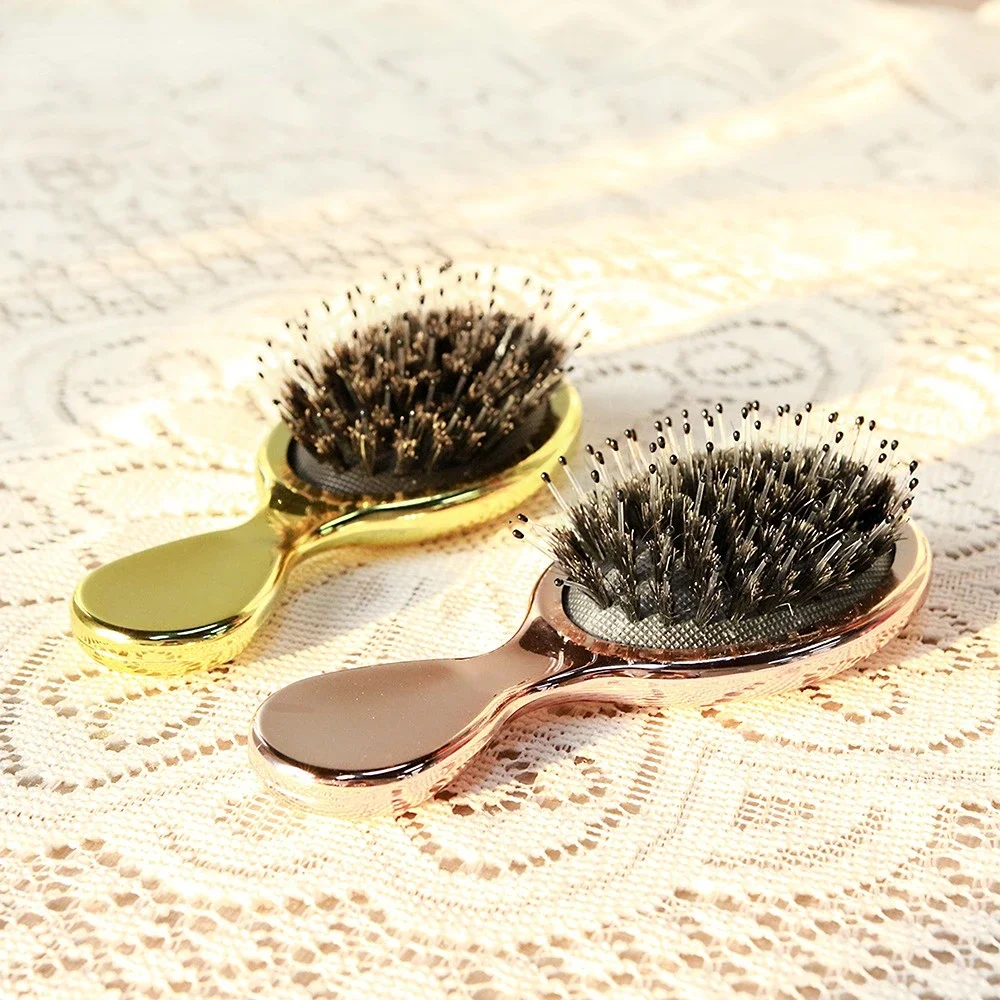 Mini escova oval de cabelo para mulheres, cor dourada e prateada, antiestática, cabeleireiro, pente de massagem, menina