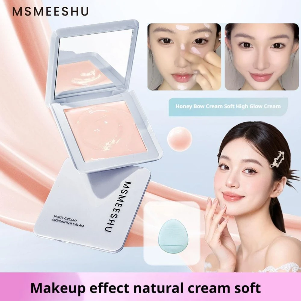 Creamy Pink Face Highlighter Blush With Powder Puff Natural Brightening Glow Concealer Cream Ruddy Complexion Highlighter Makeup