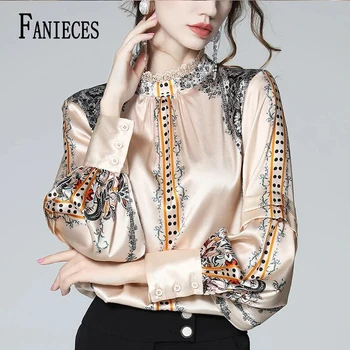 FANIECES 3XL 럭셔리 프린트 캐미사스, 오피스 레이디 셔츠, 칼라 긴팔 상의, 싱글 브레스트 우아한 셔츠, 여름 가을
