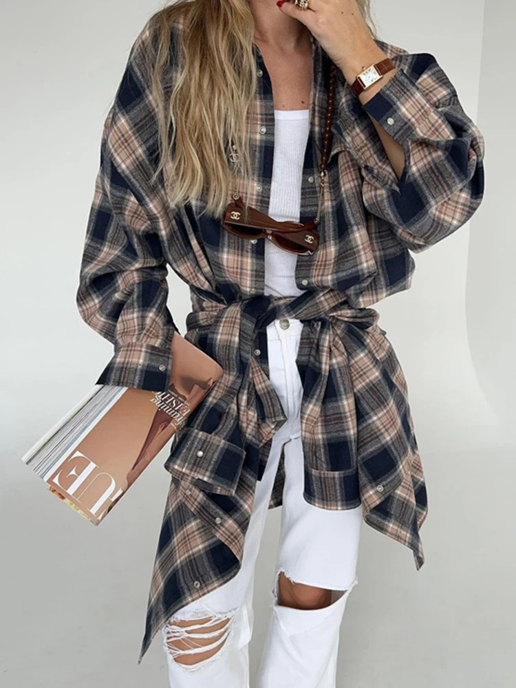 Mumaroho Women Autumn Winter 2023 Oversized Plaid Shirt Thick Vintage Long Sleeve Loose Fit Blouse For Woman