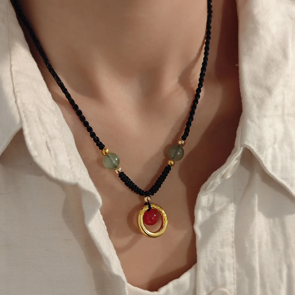 Necklace Handwoven Red Agate Peace Pendant Chinese Vintage Elegant Premium Lightweight Durable Versatile Daily Casual Gift Women