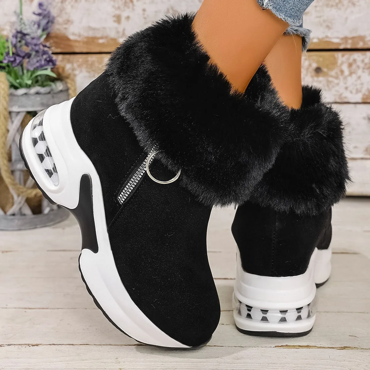 

Women's winter thick-soled and fleece warm snow boots, high-top side zipper ankle boots and fleece cotton shoes and boots