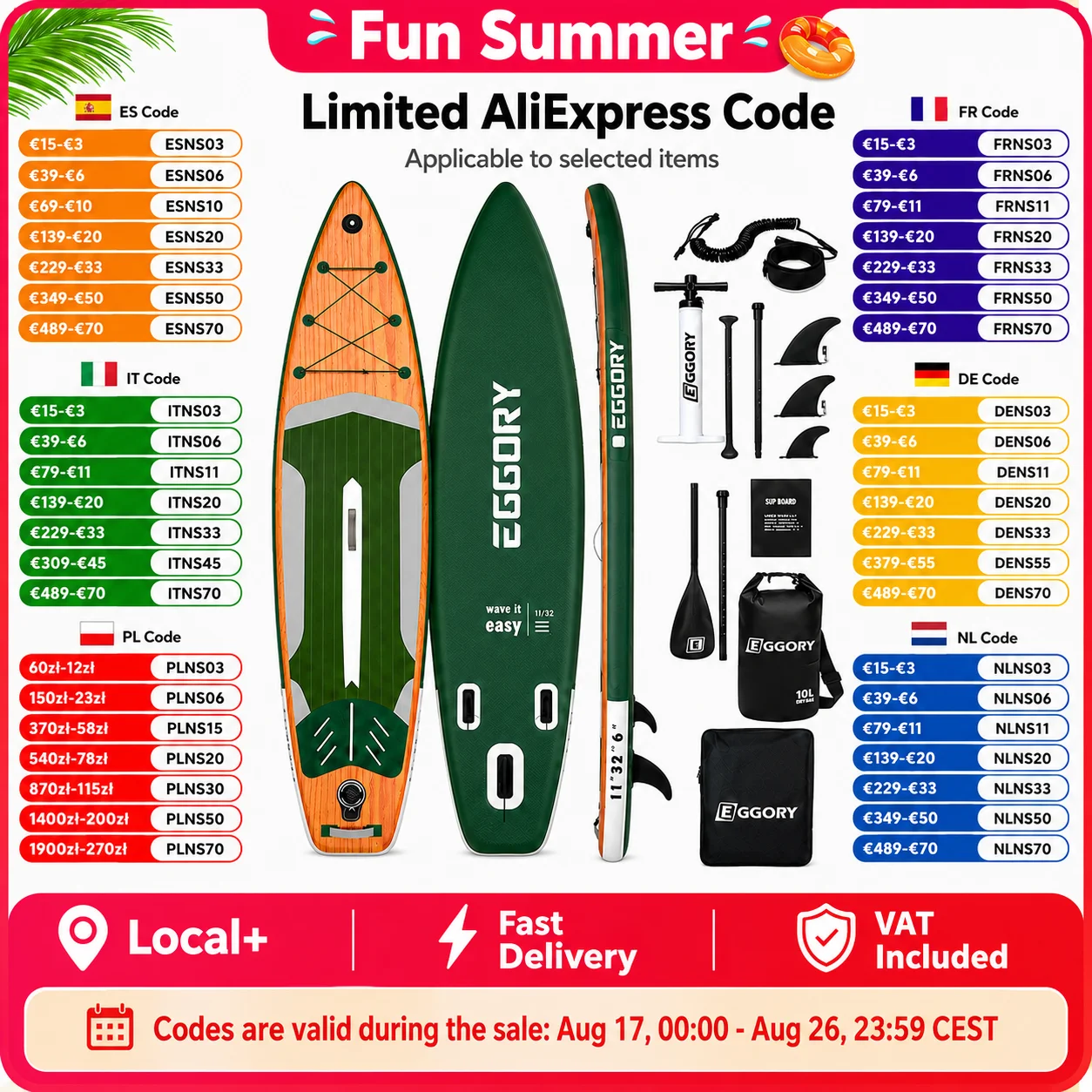EGGORY Aufblasbares Stand-Up-Paddleboard 335x81x15cm 11x32x6in SUP-Board 165kg Tragkraft 12-15PSI für Erwachsene mit 3-teiligem verstellbarem Paddel, 3 Finnen, Knöchelriemen, Dual-Action-Pumpe,