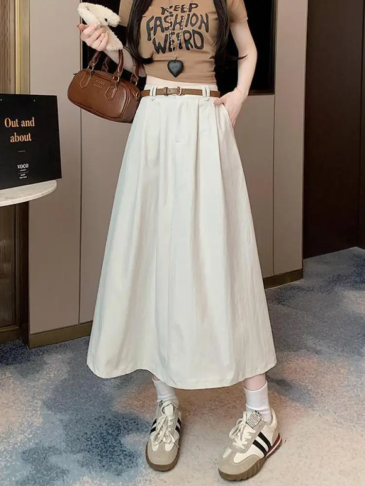 

Korean Version Women Solid Elegant High Waist Long Skirt Spring Summer Vintage Vacation Pleated A-line Skirt Streetwear Popular