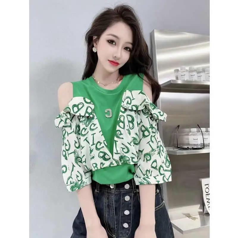 

Off Shoulder Print Letter Short T Shirts Summer Half Sleeve Thin Loose Fake Two-piece Trend Tops Casual Fashion Women Clothing