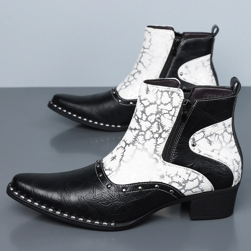 QRLQRL Men Black White Two‑Tone Western Ankle Boots Cracked Leather Panel Side Zipper Pointed Toe Cuban Heel Boots