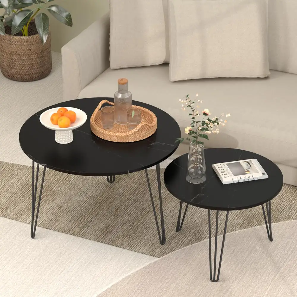 

27.56'' Round Nesting Coffee Table Set of 2 Marble Top End Tables Sturdy Metal Base Black