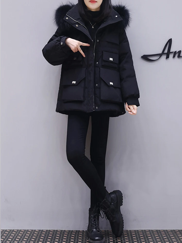 

Winter Natural Large Fur Collar Hooded Down Jacket Women White Duck Down Multi Pocket Parker Outwears Female Zipper Warm Jackets
