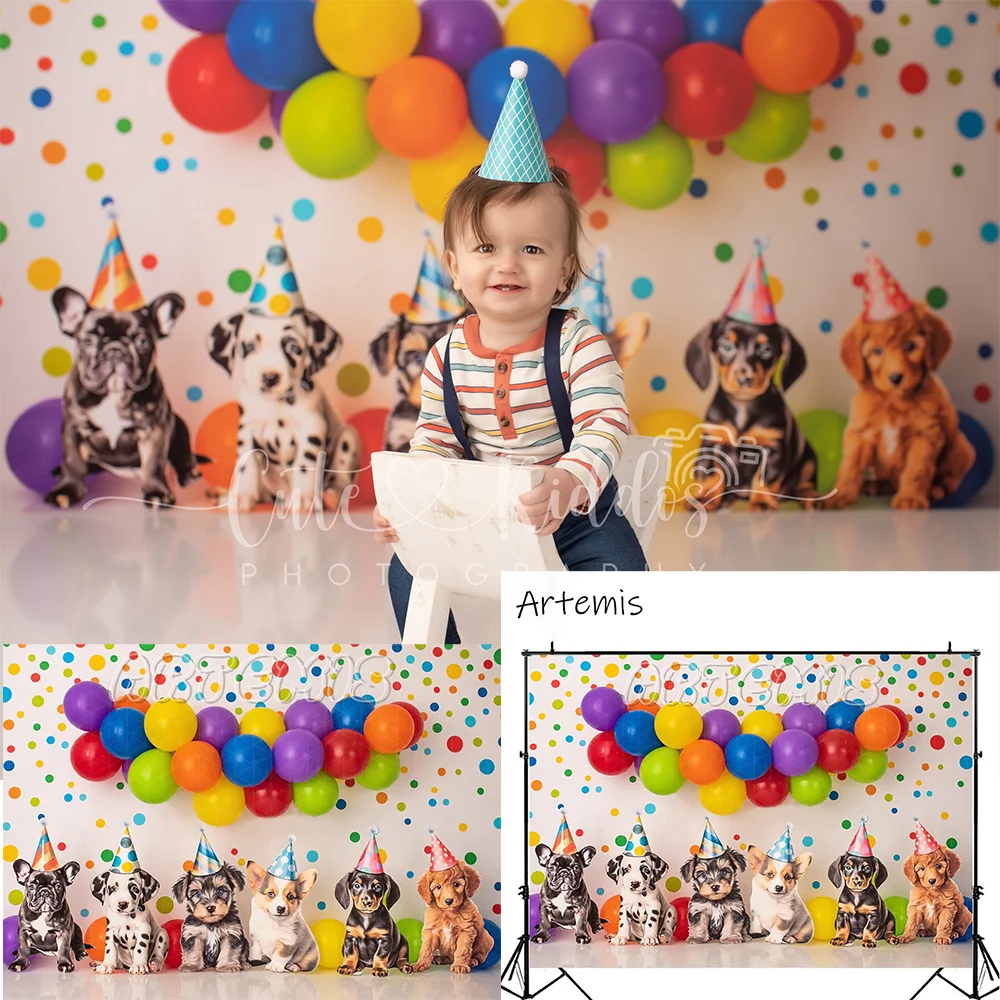 Artemis Baby Birthday Party Background Cartoon Watercolor Cute Dogs Celebrate Child Portrait Customized Photographic Backdrops