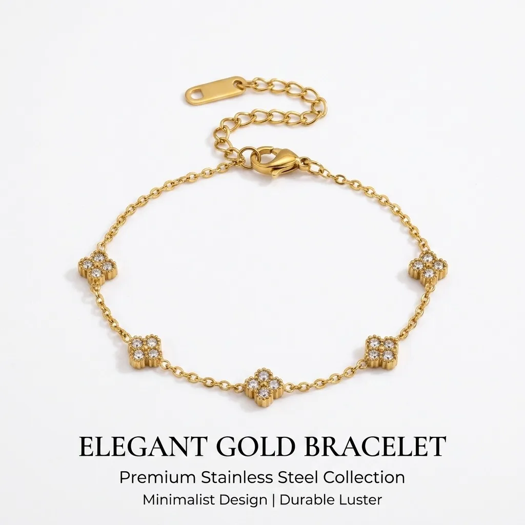 Pulsera de Lujo con Flores de Circonio en Color Dorado - Joyería de Acero Inoxidable para Mujer, Hipoalergénica, Regalo y Accesorio para Fiestas
