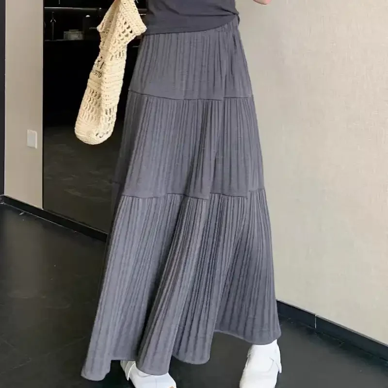 

Elegant Pleated Tiered Midi Skirt For Women Casual Office Wear Loose Fit Solid Color Natural Waistline Spring Autumn Style