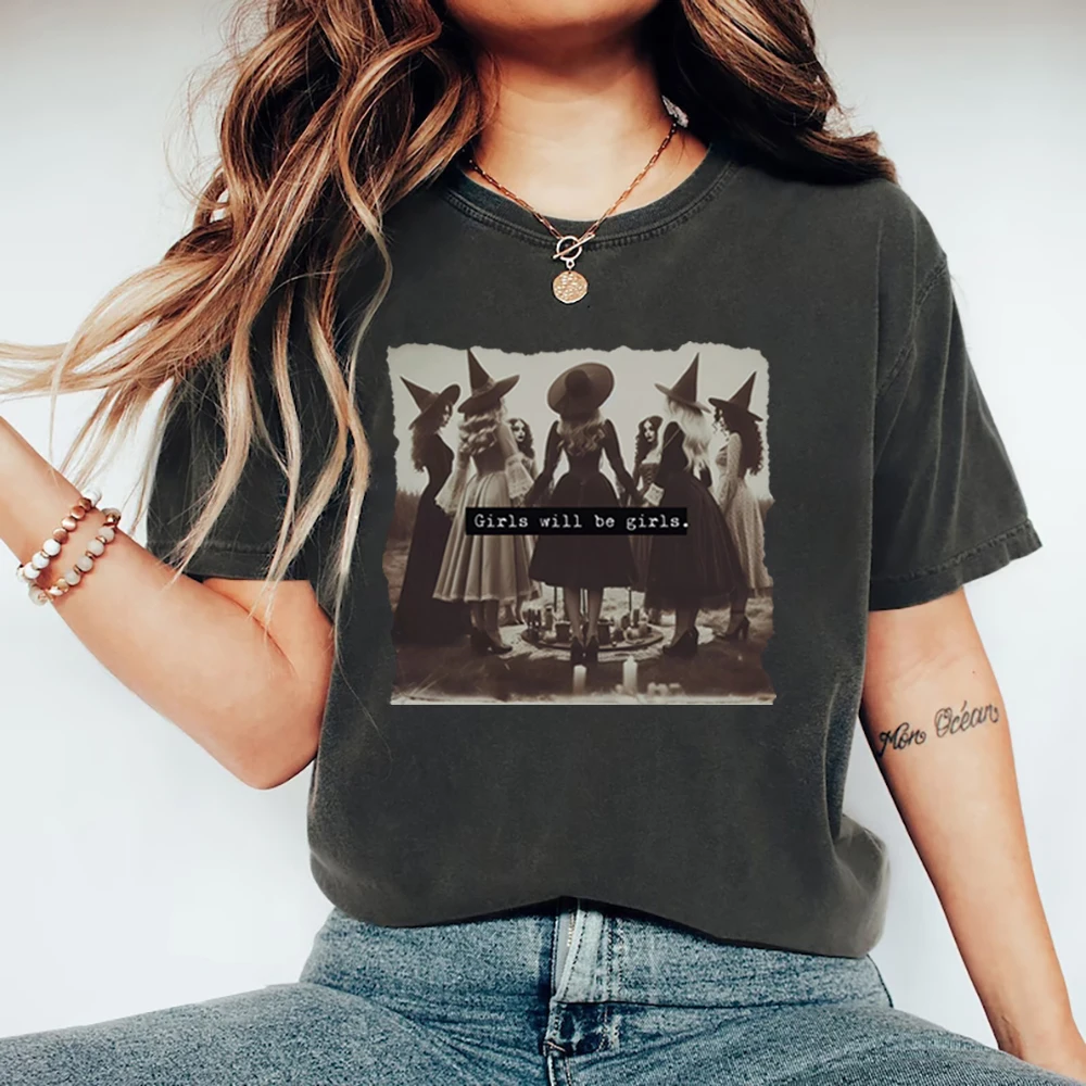 

Vintage Girls Will Be Girls Witch T Shirt Funny Witch T-shirt Halloween Women Shirt Short Sleeve Streetwear Tee Witchy Vibes Top