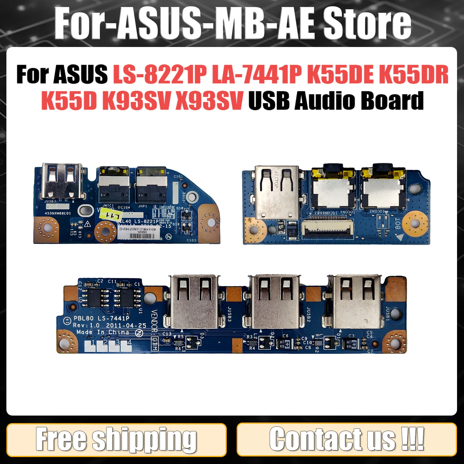 For ASUS K55DE K55DR K55D K93SV X93SV 45VD K45V A45V laptop USB Board Audio Board LS-8221P LA-7441P 100% Tested Fast Ship