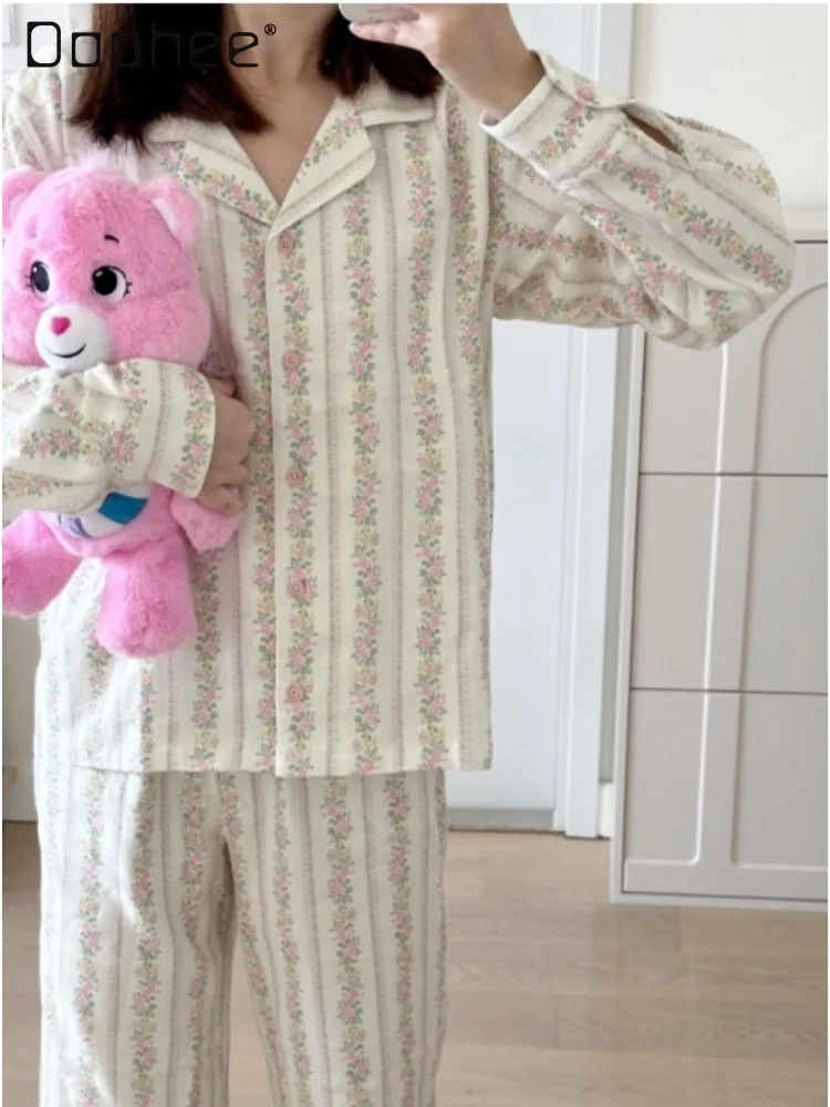 Original Korean Gentle Fresh Vertical Strips Small Floral Lapels Long-sleeved Trousers Two-piece Pajamas Loose Women Loungewear
