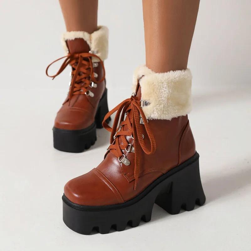 

Winter Platform Ankle Boots For Women Fashion Lace-up Short Boots Female Warm Square High Heel Women's Snow Botties WSH4985