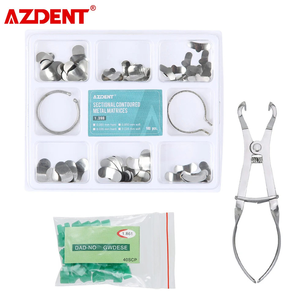 AZDENT 100pcs Dental Matrix Sectional Contoured Metal Matrices / 40pcs Silicone Add-On Wedges / Dental Pliers