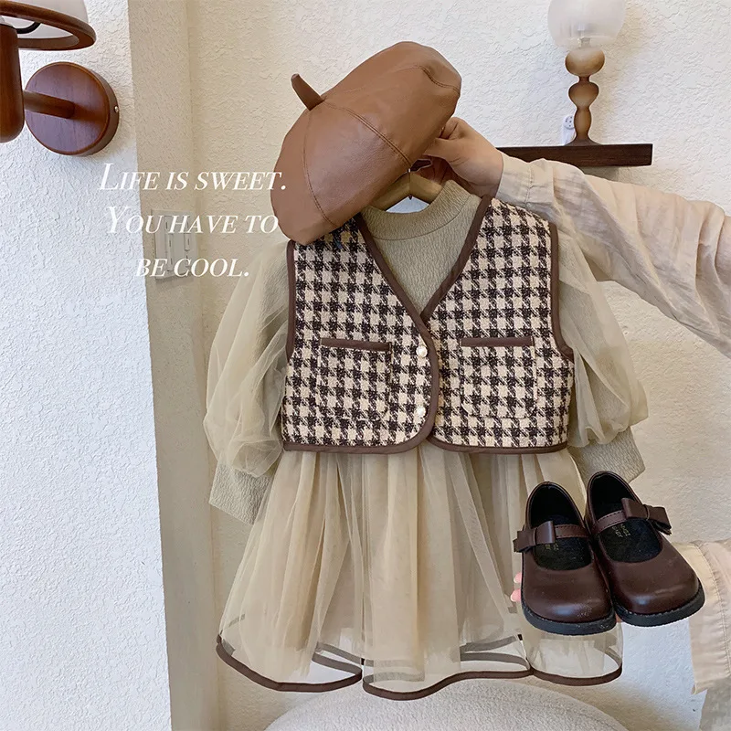 

Girls' Dress Autumn New Little Girl Houndstooth Vest Gauze Skirt Set Baby Girl Dress