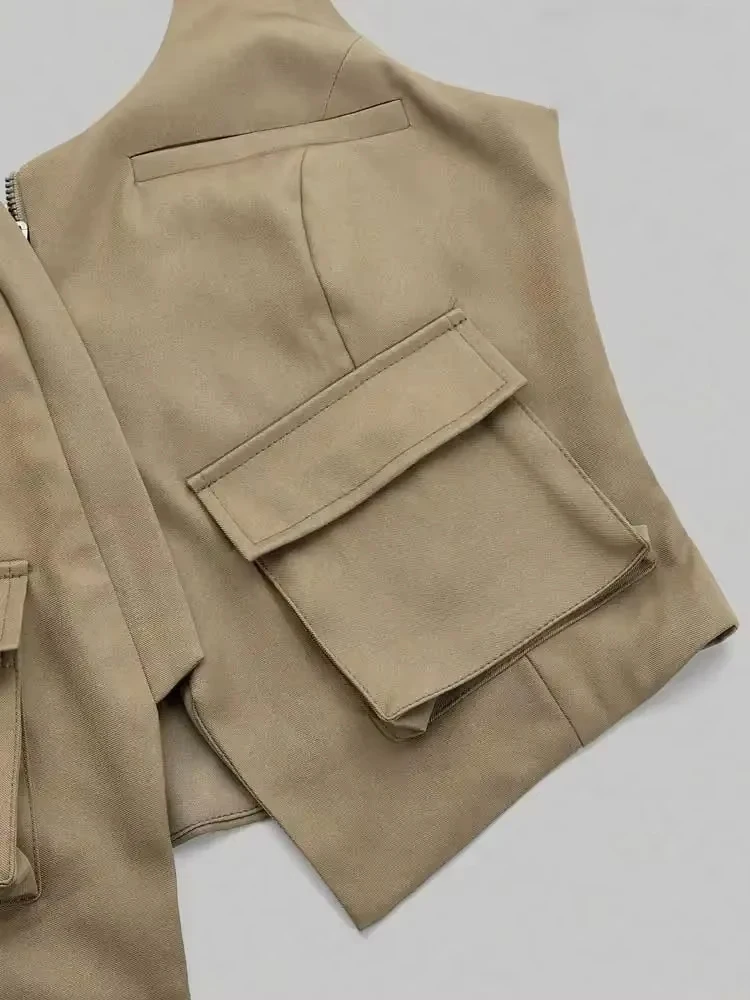 Regatas sem costas com bolsos para mulheres, zíper frontal, gola halter, laço amarrado, camis femininas, sexy, moda