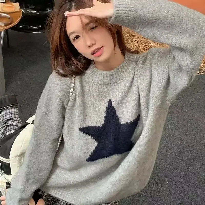 Deeptown Y2K Aesthetic Star Sweater Women Harajuku Vintage Gray Knitted Jumper Korean Retro Loose Warm Pullover Tops High Street