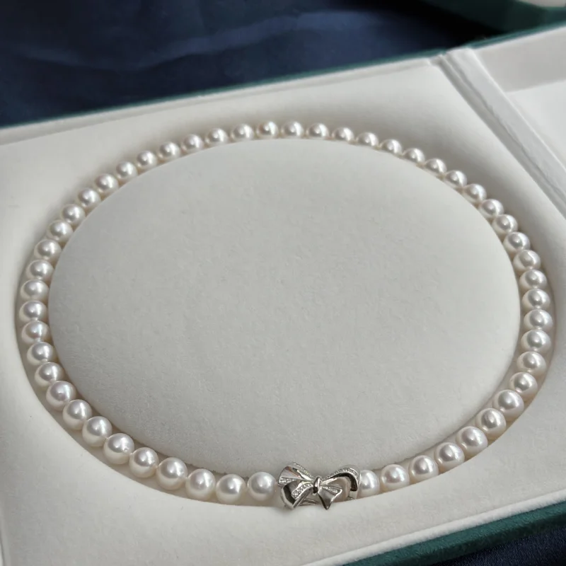 Bow Freshwater Pearl Choker Clavicle Chain Retro 8-9mm Finished