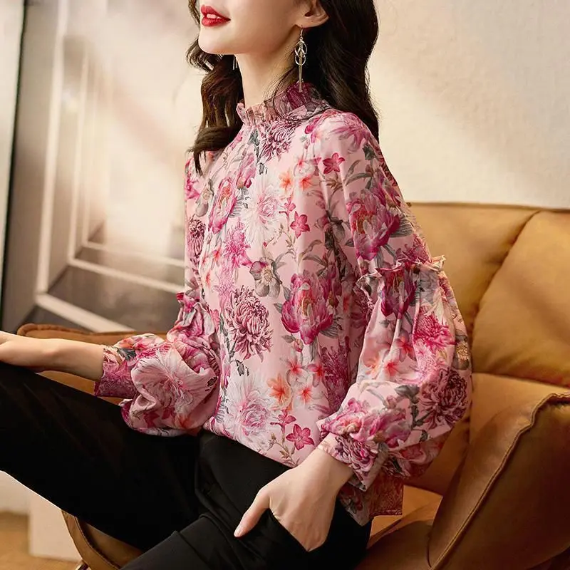 Autumn Fashion New Trendy and Explosive Chiffon Shirt with Ruffled Edges Bubble Long Sleeved Floral Chiffon Shirt Top