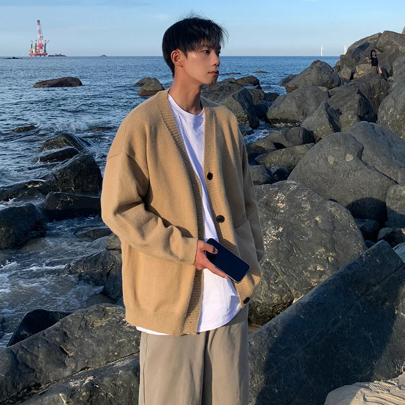 

Autumn Winter Knitted Open Cardigan Outerwear Men's Lazy Sle High-End Feeling Matching Korean V-ne Sweater Jaet Tr...