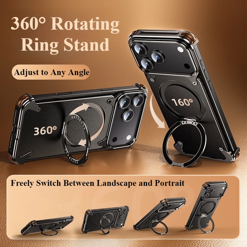 

Кожаный магнитный чехол Oatsbasf для iPhone 17 Pro/Pro Max/17 Air с кольцевой подставкой 360 ° Вращающийся противоударный чехол на бампер