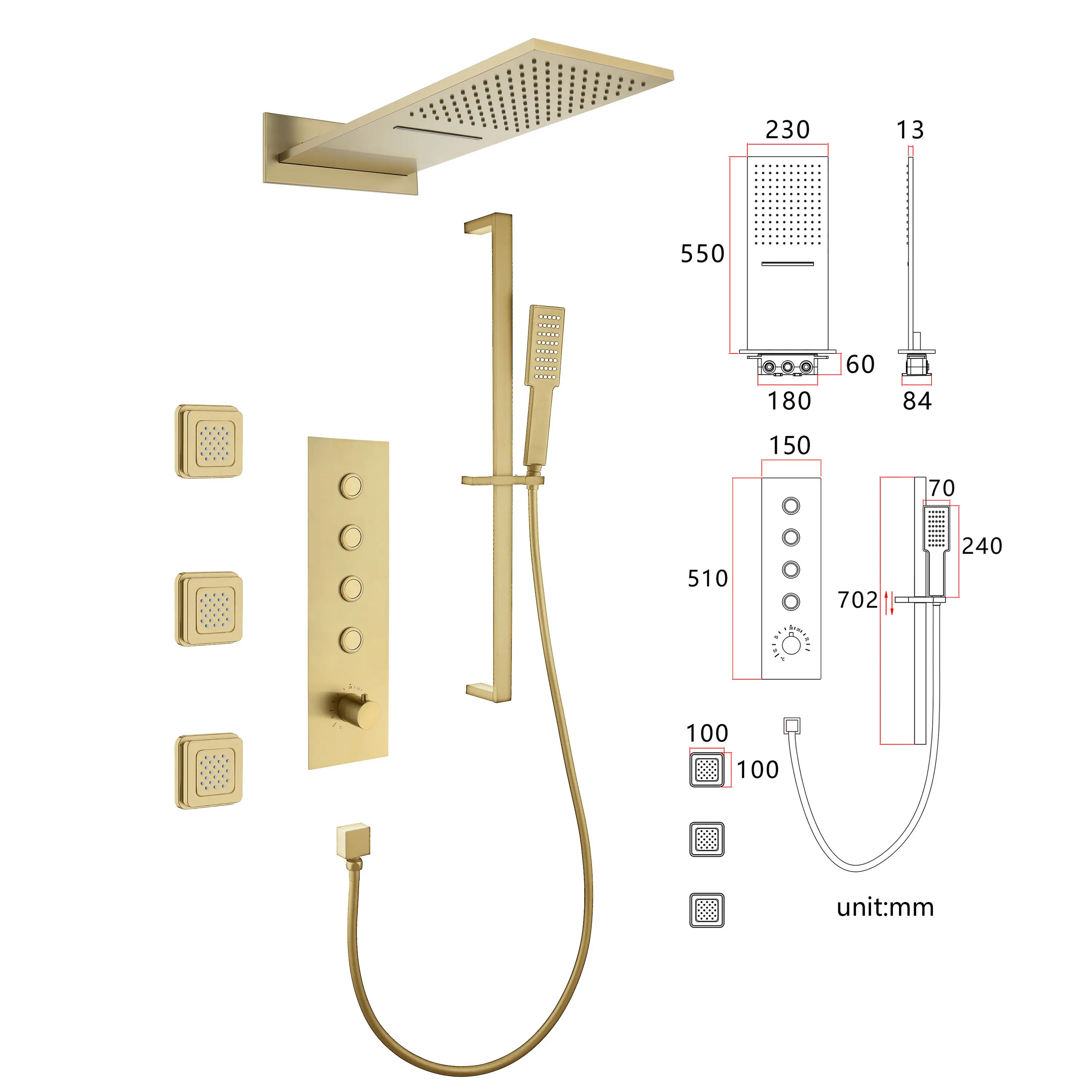 Embedded Concealed Shower Faucet Set with Four Functions, Waterfall Outlet Three Side Showers Adjustable Rod black Shower Head