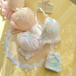 Japanese Embroidered Ribbon Underwear Cute Girlfriend Girls Gather Comfortable Bra Set