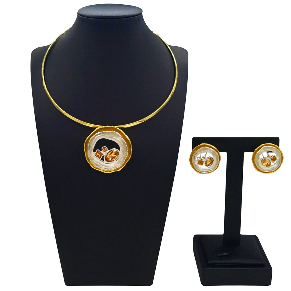 Yulaili Gold Circular Textured Jewelry Set With Choker Necklace Earrings Orange Geometric Crystals Fashion Party Wear HV0103