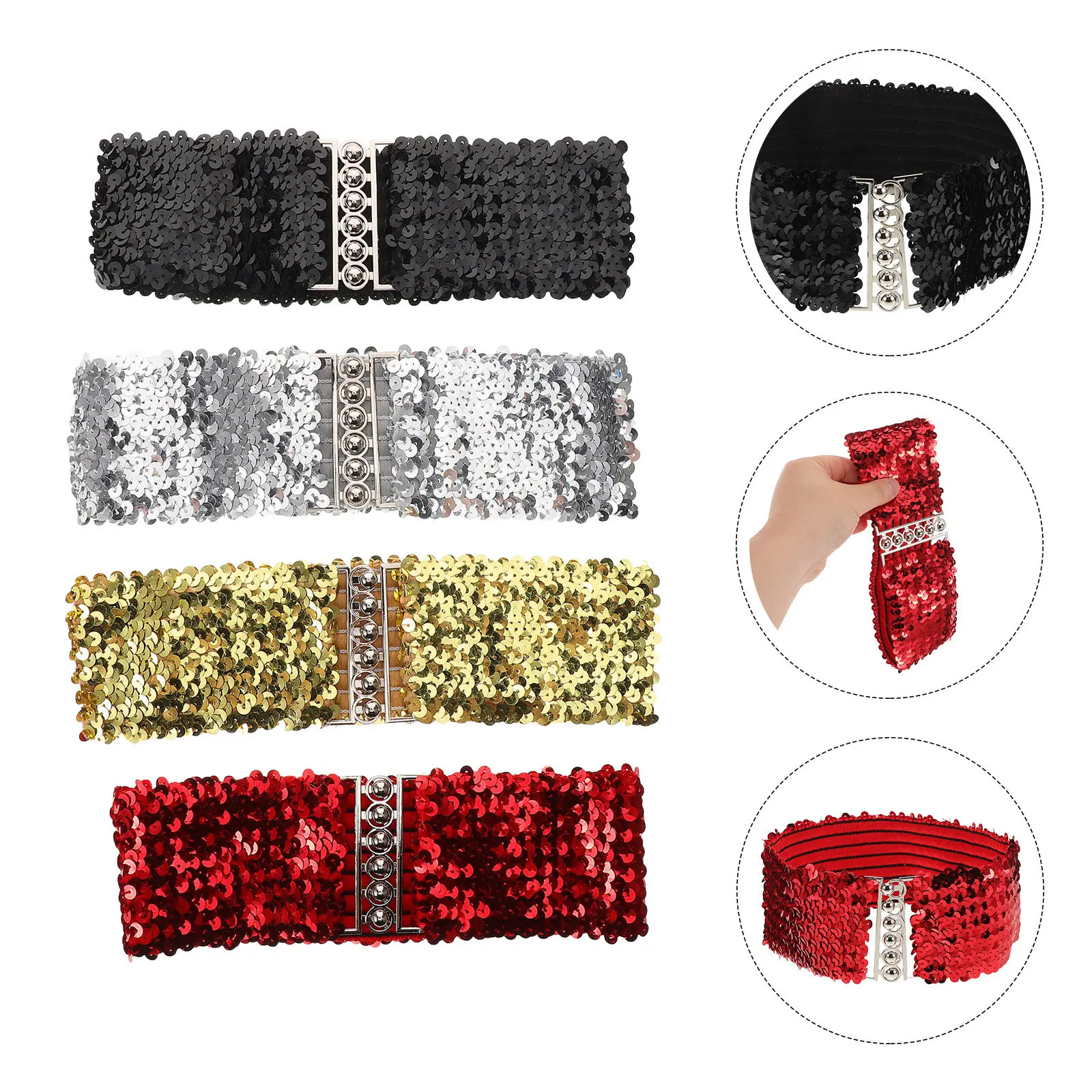 

Набор из 4 блестящих эластичных поясов-цепочек со стразами для женщин, с застежкой-пряжкой, для вечеринок и торжественных мероприятий