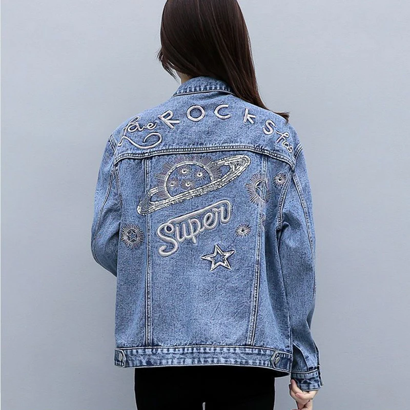 Jaket Jeans biru Korea wanita, atasan kasual Bomber dada tunggal, mantel Denim longgar huruf bordir musim gugur