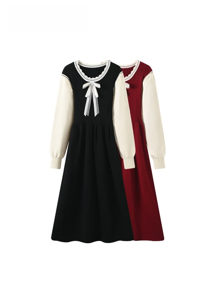 

plus Size Long Sve Dr Women's Autumn Winter New Sle Patchwork Fake Two-Piece Skirt Sweet Sle Stand Fit ...