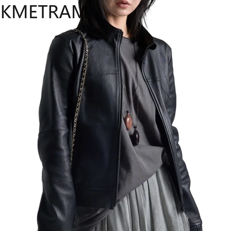 KMETRAM-Chaqueta de piel de oveja 100% Natural para mujer, chaqueta de cuero auténtico, ropa ajustada negra de alta calidad, abrigo corto de otoño 2025