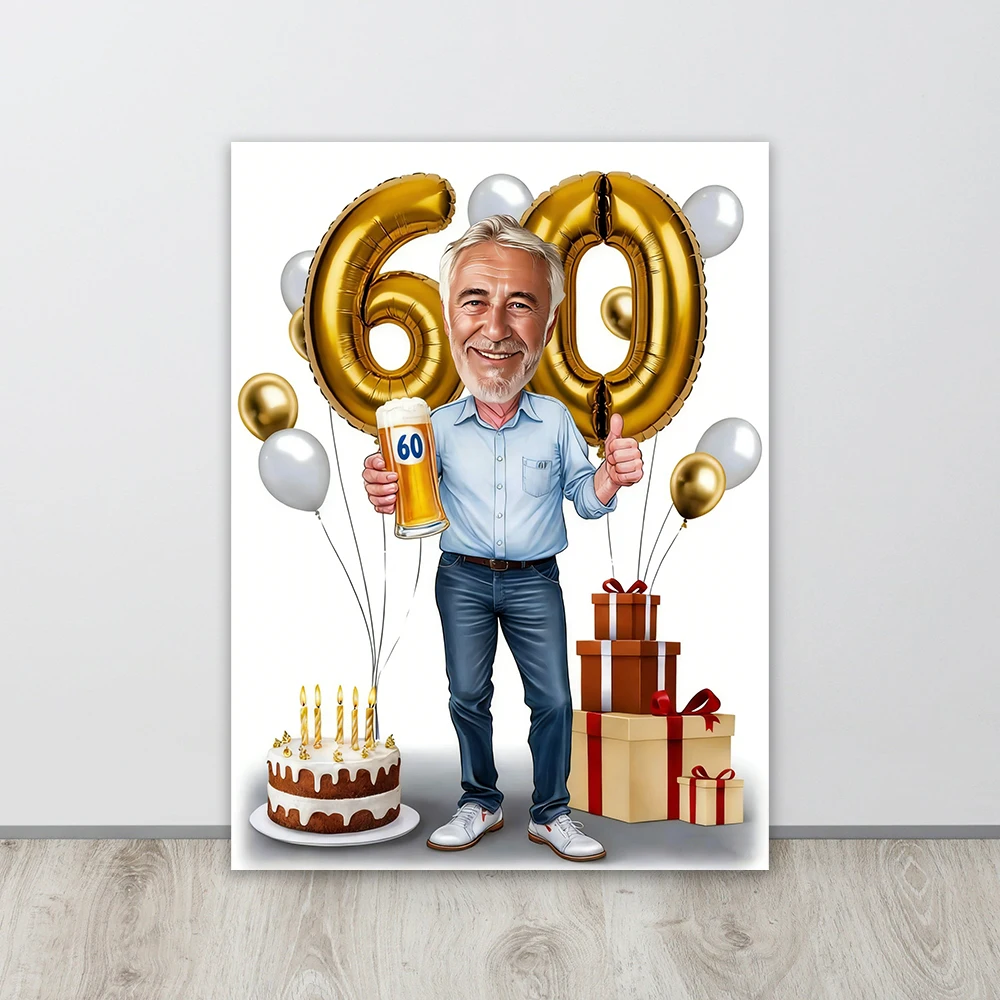 Custom Caricature 70th Birthday Poster Golden Balloon 60th Anniversary Prints Home Bedroom Decoration 50th Birthday Canvas Print