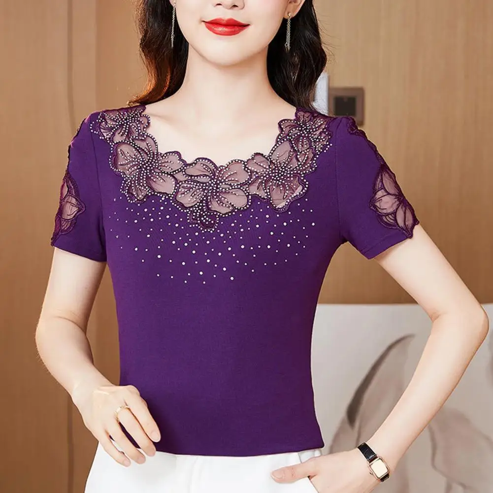 Damen Polyester Tops leichte Damen Tops elegante ausgehöhlte Mesh Tops stilvolle Damen Kurzarm T-Shirts für Arbeits feiern