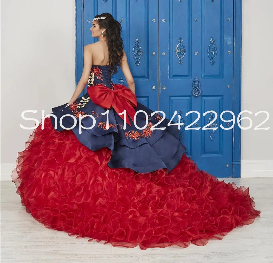 Navy blue Red Ruffles Floral Charro Quinceanera Dresses Lace Beaded Embroidery Big Bow Corset Vestidos de 15 años custmosized