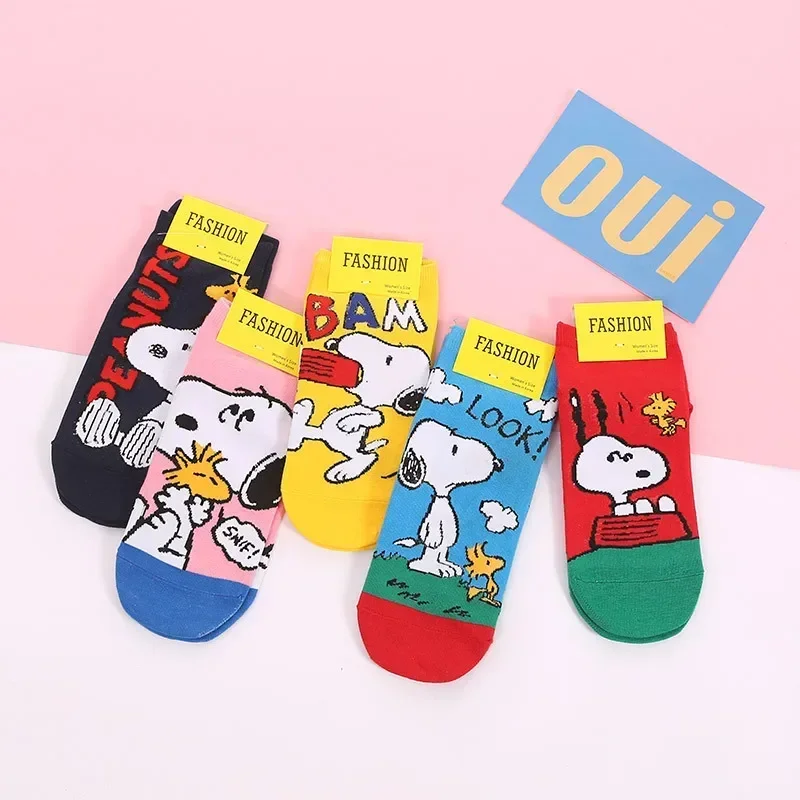 5Pairs Snoopy Women\'s Cotton Socks Cute PEANUTS Girls Ankle Sock Casual Breathable Invisible Socks Female Boat Stockings Gifts