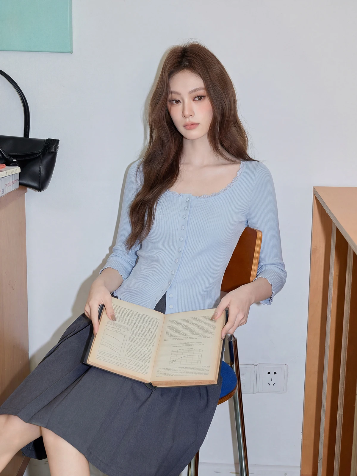 

Spring Thin Korean Style Knitted T-Shirt Women's Lace Seven-Five Sleeve Slim Fit Blue Top Soft round Neck Casual Shirt