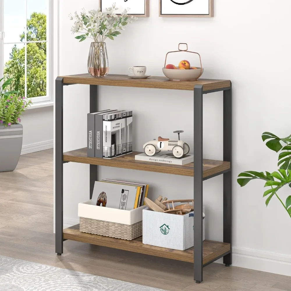 

Small Bookshelf,3 Tier Short Low Book Shelf, for Home Office Living Room Bedroom,Modern Metal and Wood Standing Etagere Bookcase