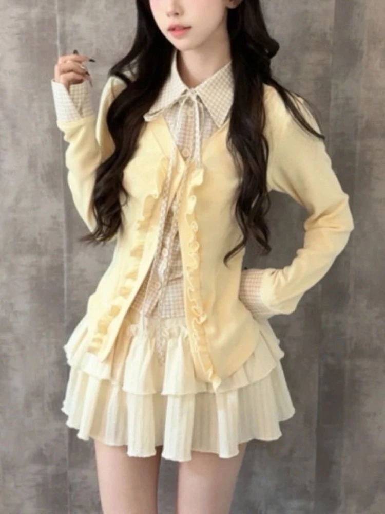 جديد خمر الحلو منقوشة 2 قطعة مجموعة المرأة الرجعية المرقعة كم طويل بلايز + تنورة صغيرة Harajuku موضة أنيقة تصميم وتتسابق