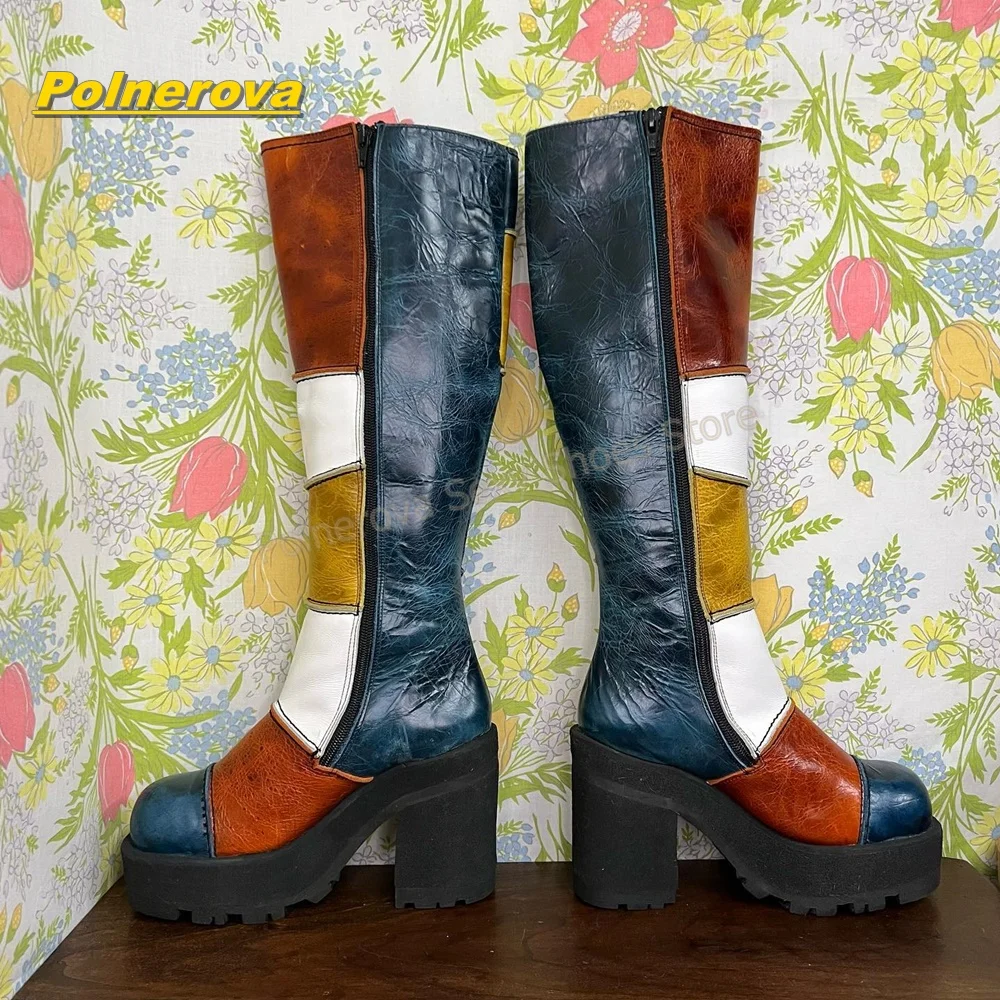 Women Retro Patchwork Leather Knee High Boots Color Block Chunky Platform Block Heel Vintage Y2K Streetwear Fashion Shoes 2026 view 5