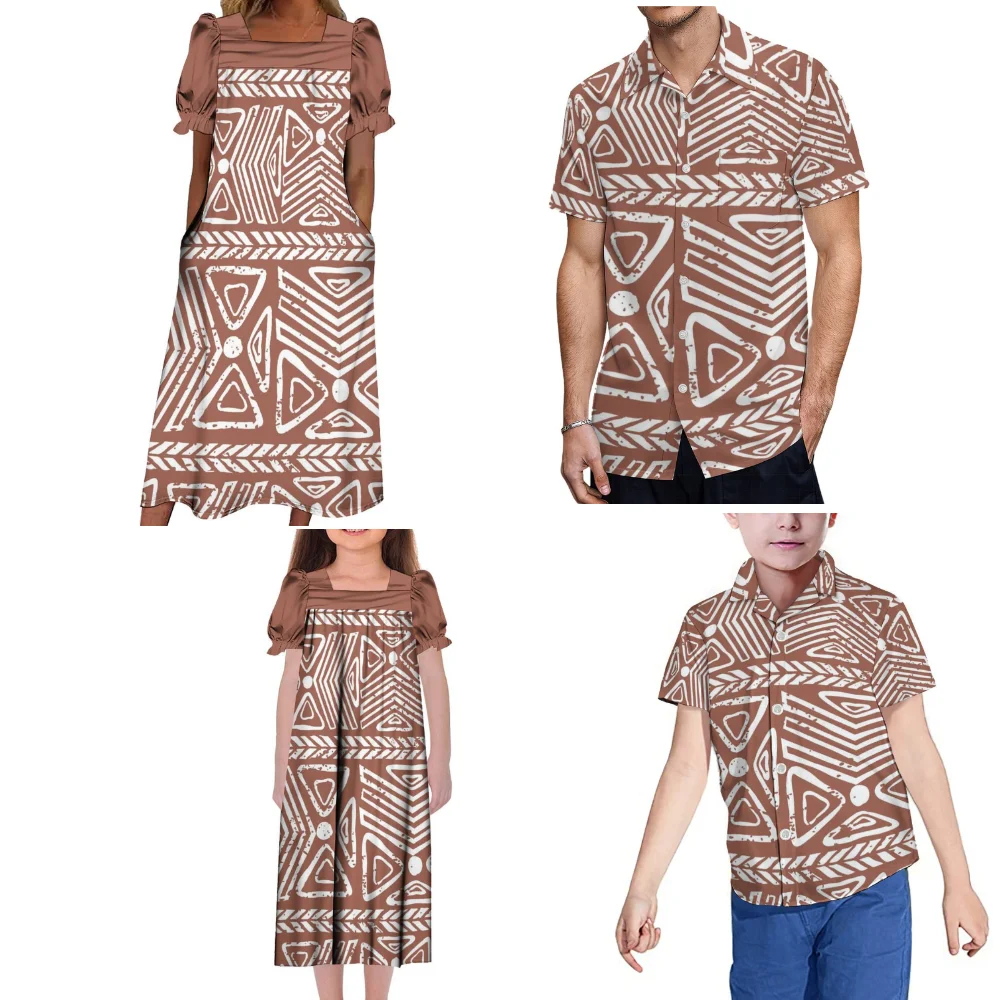 Microsia Square Collar Mumu Women\'S Dress Girls\' Dress Men\'S Shirt Boys\' Shirt Custom Polynesian Family Dress Soft Short Sleeves
