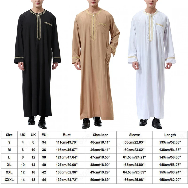 Men's Muslim Arab Robe Middle East Islamic Dubai Ethnic Dress Long Sleeve Kaftan Thoub Jubba Saudi Spring Autumn Wear S-3XL