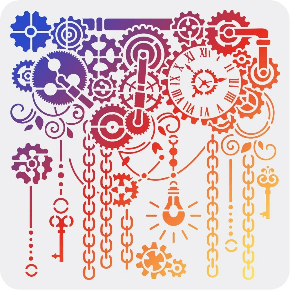 Gear Stencils 11.8x11.8 inch Clock Painting Stencil Plastic Clock & Key & Gear Patterns Stencil Steampunk Stencils Reusable DIY