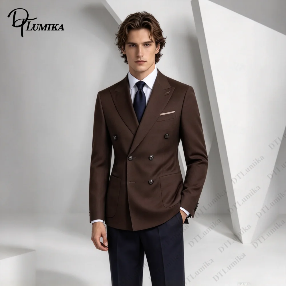 Bespoke Dark Brown Double Breasted Men Suit Peak Lapel Blazer & Navy Pants Custom Business Attire Gentleman Wedding Guest Outfit